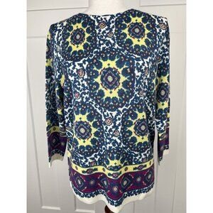 Talbots Pure Merino Wool Sweater L Medallion Print Blue Yellow NWT Artsy